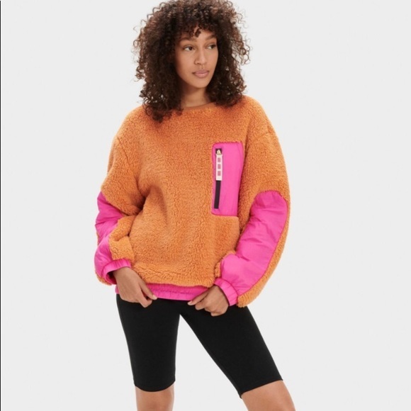 UGG Niko Sherpa / Fleece Crewneck Pullover Sweater Orange / Pink size XS - Picture 1 of 10